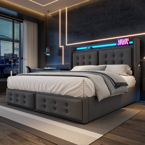 Lit double Merax 160x200 cm avec tête de lit LED et fonction de charge USB-C - Lit hydraulique avec sommier à lattes et espace de rangement - Matelas inclus - Grijs