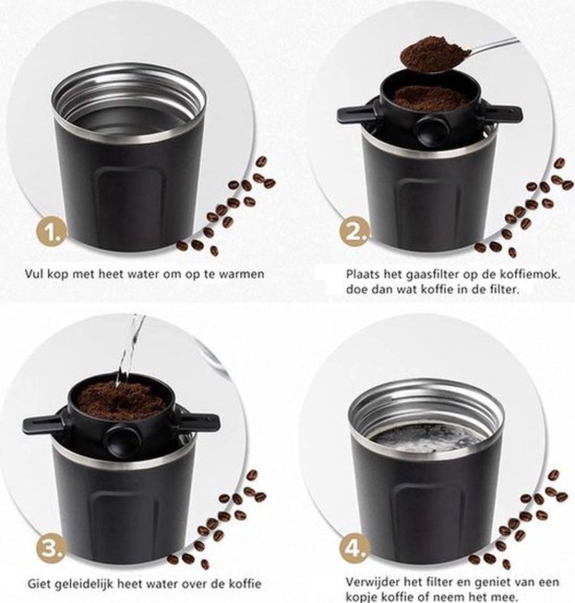 Yippiez Koffiefilter - Koffiefilterhouder Set van 2 - RVS - Permanent Koffiefilter-herbruikbaar - geen filterpapier nodig - voor het kamperen thuis kantoor reizen — cadeau in Kookcadeaus - foto 3