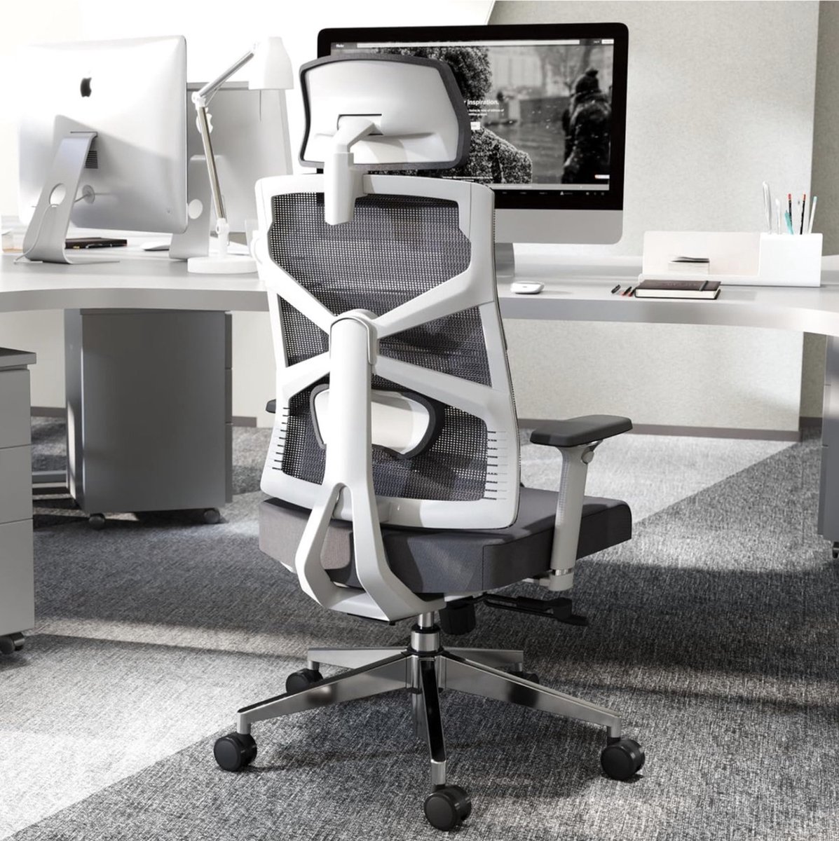 HOLLUDLE Ergonomische bureaustoel met adaptieve rugleuning, hoge rugleuning computerbureaustoel met 4D-armleuningen, verstelbare zitdiepte, lendensteun en 2D-hoofdsteun, draaibare taakstoel, wit