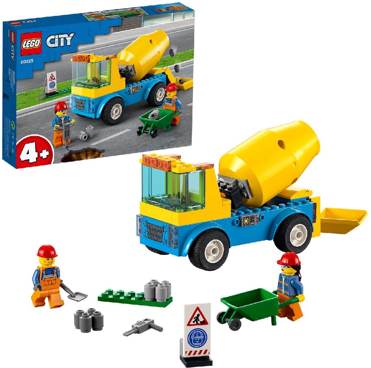 LEGO® City Cementwagen 60325 bouwset; met een ronddraaiende mengtrommel, plus een bord voor wegwerkzaamheden, drilboor, kruiwagen en minifiguren van wegwerkers; bouwvoertuig voor kinderen vanaf 4 jaar (85 onderdelen) — afbeelding 24