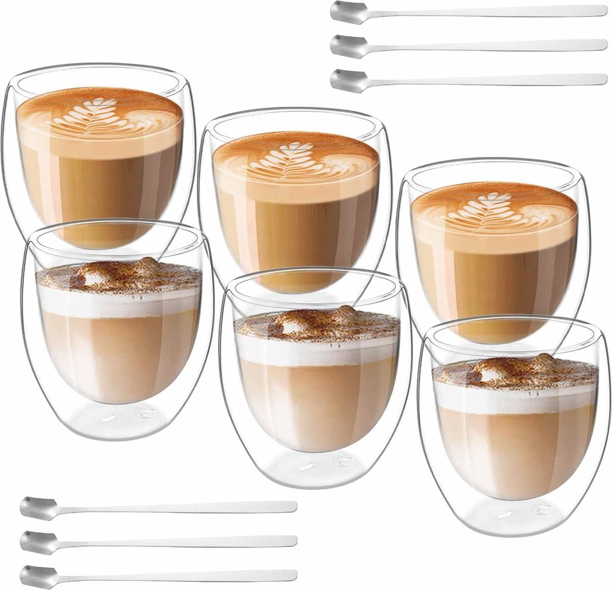 Set van 6 Dubbelwandige Espresso en Koffiekopjes met Lepels - Hittebestendige Borosilicaatglazen voor Cappuccino, Latte en Koude Dranken