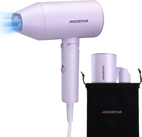 Aigostar Diane 301YT – Föhn met 3 Warmtestanden – Inklapbare compacte haardroger – Reisföhn – Ionische Haardroger – Coolshot Functie – 2100W – Paars