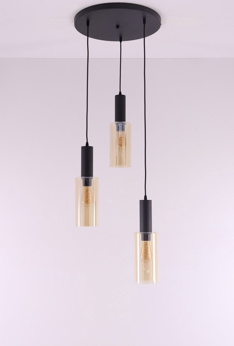 Hanglamp zwart met 3 amber glazen – E27 – 45 cm