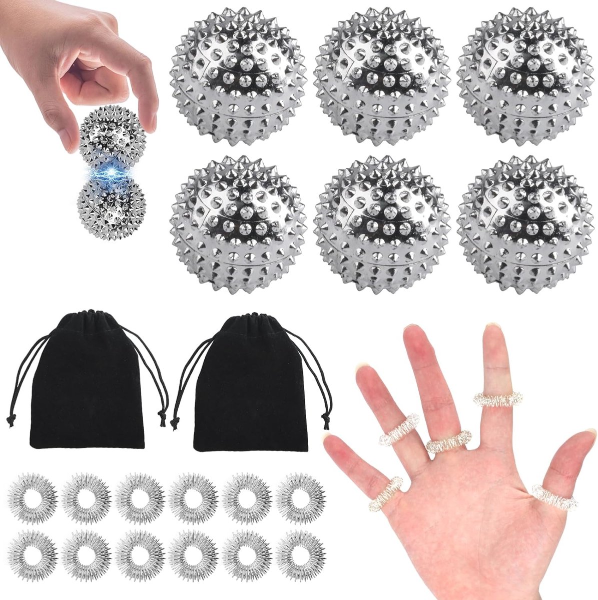 Goedkoopste Massageballen en Acupressuurringen Set - 6 Magnetische Egelballen met 12 Vingermassageringen