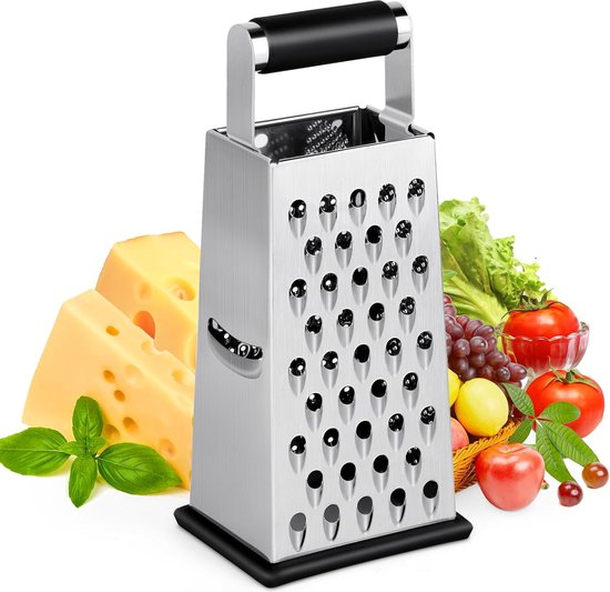 Râpe de cuisine polyvalente avec quatre surfaces de grille pour une coupe et un rabotage efficaces