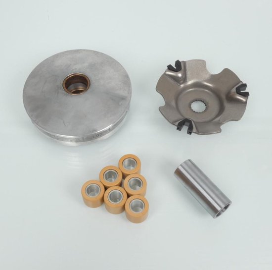 Kit variateur avec disque en aluminium, plaque métallique à inserts noirs, six galets marron et une douille en acier.