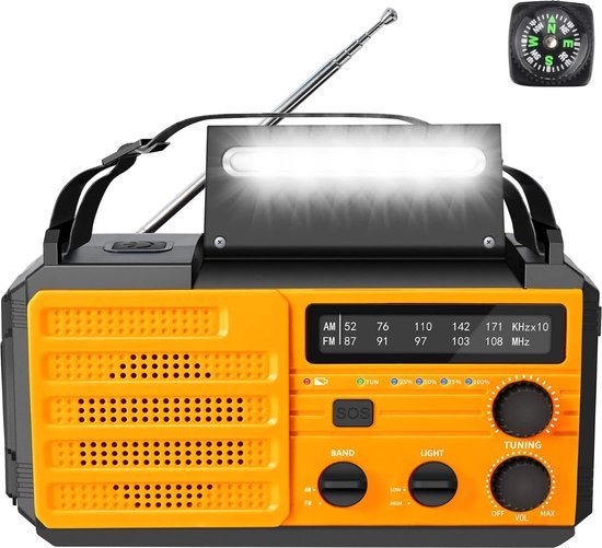 Opwindbare noodradio 8000mAh – LED-leeslamp – USB telefoonoplader – kompas