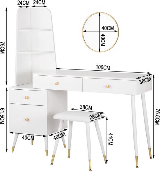 Tectake - design kaptafel - make up tafel met krukje en spiegel