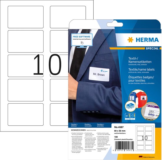 Verpakking van HERMA textielnaaisetiketten No. 4587. Wit, 80 x 50 mm. Geeft de kenmerken weer.