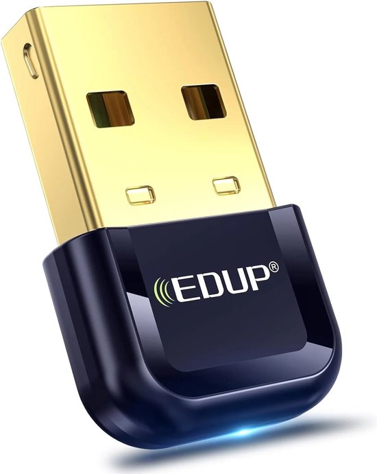 Kleine zwarte USB-dongle met gouden connector, merknaam "EDUP" in groen.