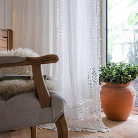 Crochets de rideaux Boho patchwork de kanten semi-occultant glands bohèmes faits à la main, passe-tringle fenêtre traitement vintage rustique ferme rideaux pour salon chambre, 2 panneaux 59"W x 63"L,- Wit