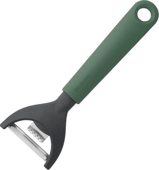 Groene dunschiller met donkergrijs lemmet en ophangoog. Het lemmet is een Y-vorm met zesteur.
