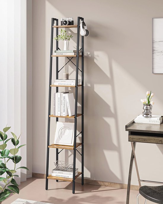 Lagerregal mit 5 Ebenen, Küchenregal mit 4 Haken, Bücherregal im Industriestil, Standregal im Wohnzimmer Küche, Regal aus MDF Metall, schmales Leiterregal 40x 170x36 cm