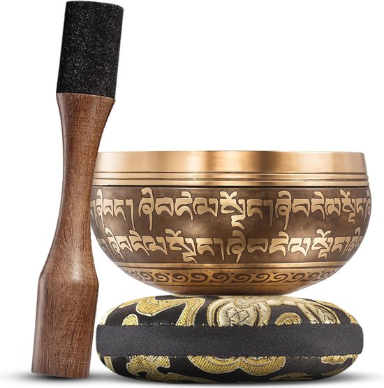 Tibetaanse Klankschaal Set - Bronzen Mantra Design voor Chakra Healing en Mindfulness - Compleet met Hamer en Kussentje - Perfect Geschenk voor Harmonie en Ontspanning — afbeelding 2