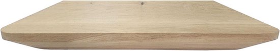 Een naturelkleurige eikenhouten plank met een verjongde facetrand aan beide zijden en een afgeronde voorzijde.