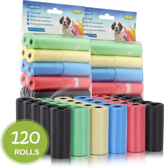 Nobleza KVI - Sacs à crottes de chien - Sacs à déjections canines - 1800 pièces - Écologiquement responsable - 120 rouleaux - Coloré