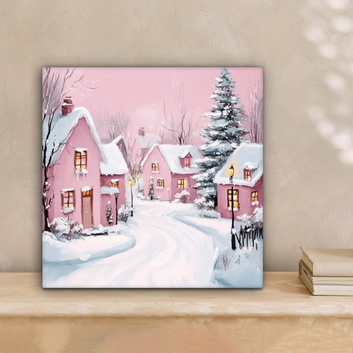Canvas schilderij 20x20 cm - Wanddecoratie Kerstdorp - Roze - Winter - Sneeuw - Huizen - Muurdecoratie woonkamer - Slaapkamer decoratie - Kamer accessoires - Schilderijen op canvas - Kerstdecoratie voor binnen - Kerstversiering - Kerstmis versiering – foto 4