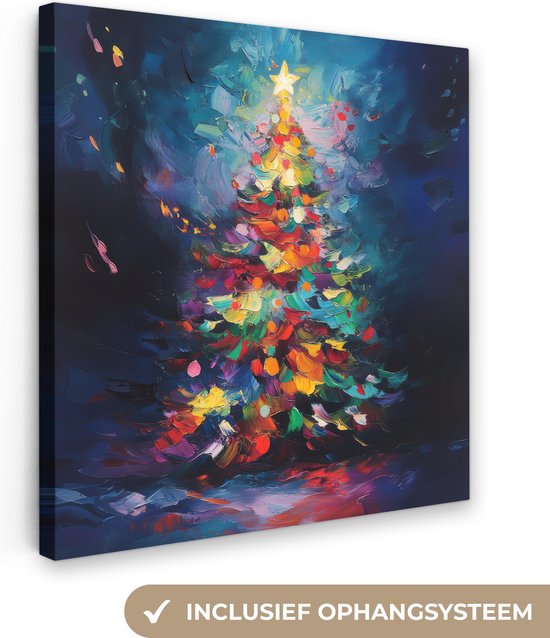 Canvas schilderij 20x20 cm - Wanddecoratie Kerstboom - Kerst - Abstract - Kleurrijk - Muurdecoratie woonkamer - Slaapkamer decoratie - Kamer accessoires - Schilderijen op canvas - Kerstdecoratie voor binnen - Kerstversiering - Kerstmis versiering