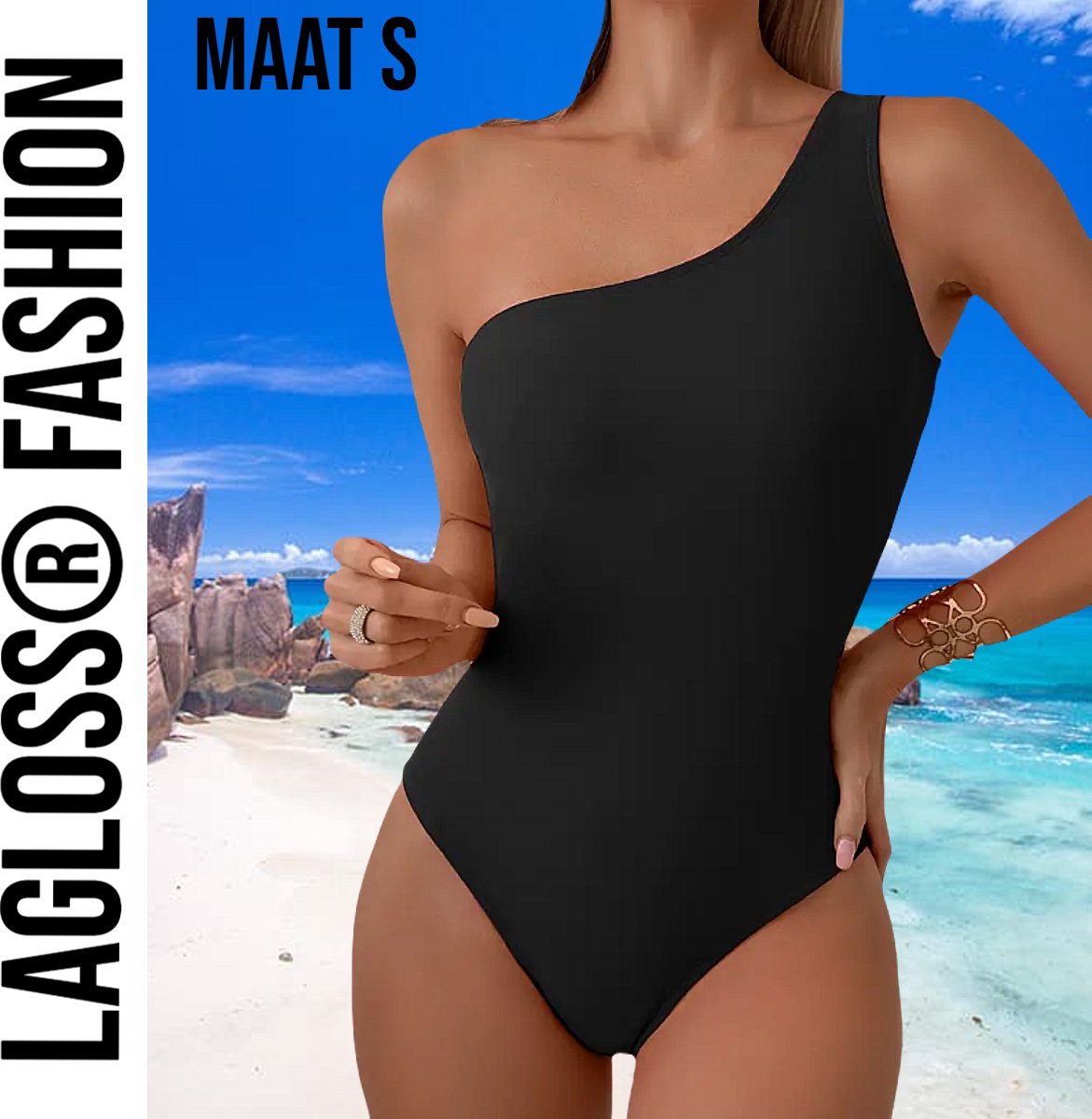 LaGloss® Badpak Asymmetrisch Effen Zwart - Strand/Beach Swimsuit - Zomer Badmode - Maat S %%