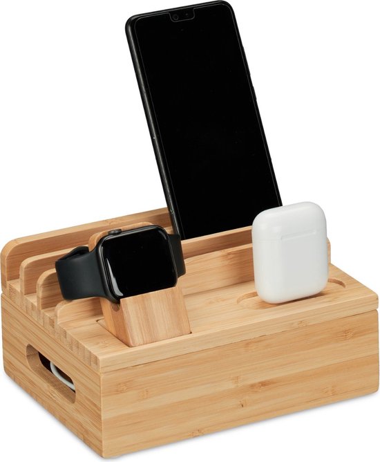 Relaxdays oplaadstation, voor apple watch, horloge, tablet, bamboe, HxBxD: ca. 15 x 21,5 x 15 cm, laadstation, natuur