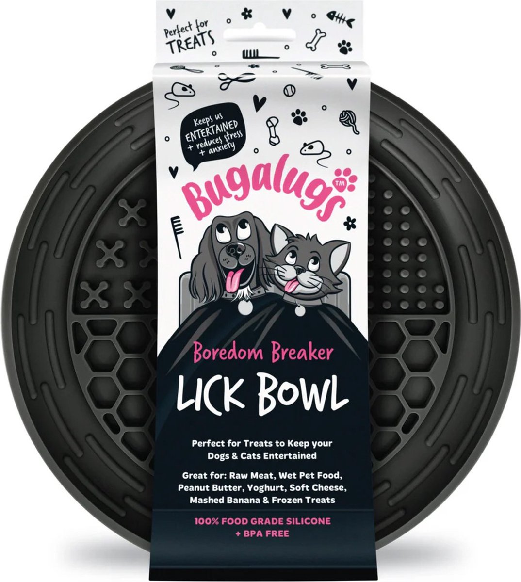 Bugalugs likbak voor dieren - Likmat - Slowfeeder - Honden - Katten - Siliconen - Zwart