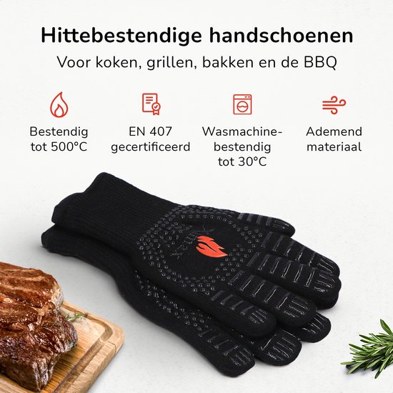 Zwarte, hittebestendige handschoenen met siliconen noppenpatroon en rode vlam, geschikt voor koken en barbecue.