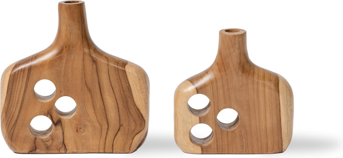 Houten vazen - naturel kleur - teak houten design vaas - premium kwaliteit - set van 2