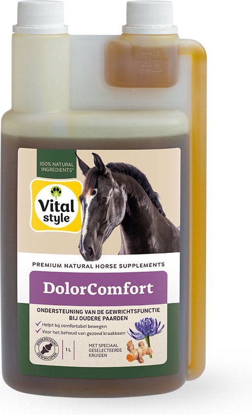 VITALstyle Dolorcomfort - Paarden Supplement - Ondersteuning Voor Optimaal Bewegingscomfort - Met o.a. Duivelsklauw & Boswellia - 1 L VITALstyle Dolorcomfort - Paarden Supplement - Ondersteuning Voor Optimaal Bewegingscomfort - Met o.a. Duivelsklauw & Boswellia - 1 L