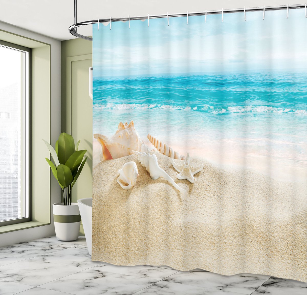 New Bed Schelpen Strand Douchegordijn Anti Schimmel, Shower Curtain Badkamer Decor Set met Haakjes,Douchegordijnen 180x200 cm
