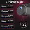 Massagepistool met 20 snelheden, weergegeven op LCD-scherm, met indicaties voor spieractivatie, lichte ontspanning, lactaat afvoer en diepe spier massage.
