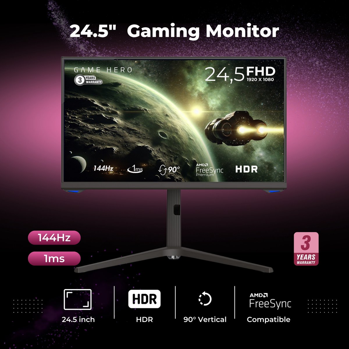 GAME HERO® 24 inch Full HD IPS Kantelbare Gaming Monitor - 144Hz - 1ms thumbnail 2