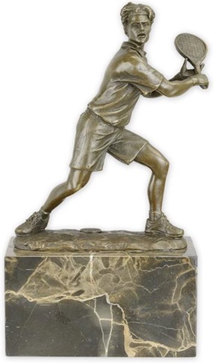 Tennis Beeld - Bronzen Beeld - Tennis Speler - Kunst Sculptuur - Tennissen Sport - Brons op Marmer - Interieur Decoratie - 14x7x24