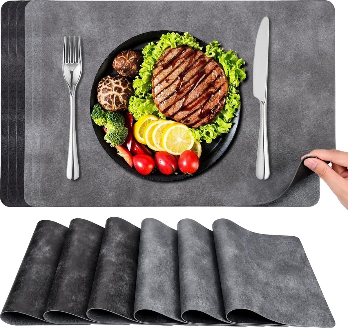 Afwasbare Lederen Placemats - Waterdicht - 6 Stuks - Zwart en Grijs - PU-leer - 43 x 30 cm