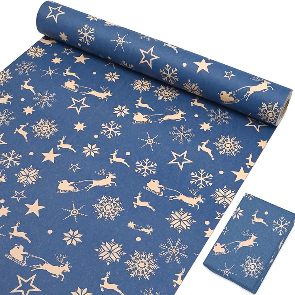 Inpakpapierrol Rol Cadeaupapier Van 15 m x 43 cm Recyclebaar Kraftpapier Marineblauw Papier Bedrukt Met Feestelijk Ontwerp Met Ster Sneeuwvlok Eland Voor Kerstcadeauverpakking