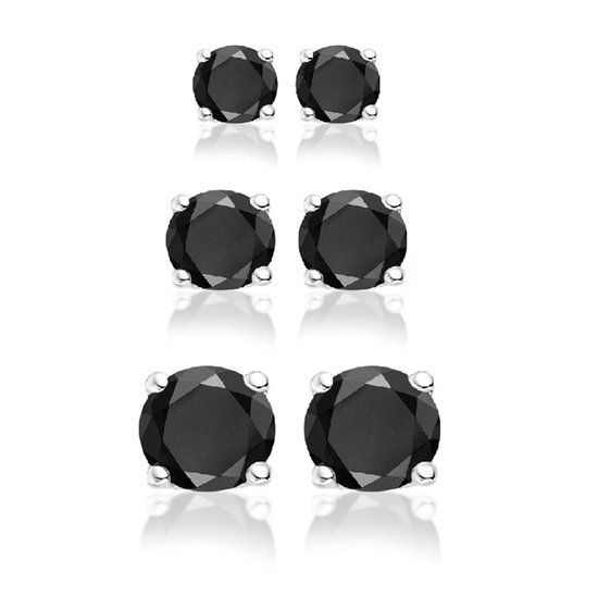 Silventi 929901016 Boucles d'oreilles en argent - lot de 3 paires de clous d'oreilles - 3 tailles différentes - rond - zircone - noir