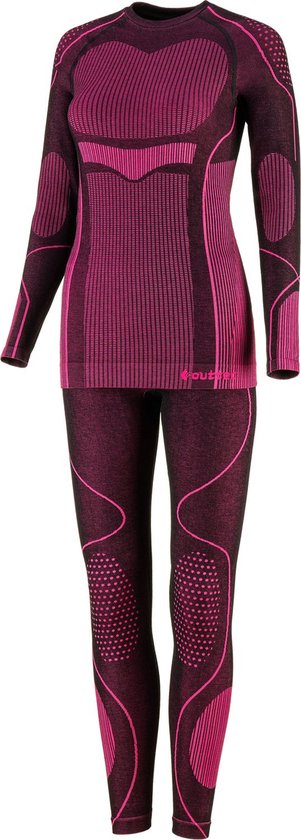 Ensemble de sous-vêtements thermiques violets avec accents noirs et motifs en maille rose.