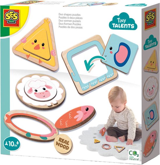 SES Creative - Tiny Talents - Duo vormen puzzels - Montessori vormenstoof - Puzzel 1 jaar - mooi bedrukt hout - makkelijk voor kleine kinderen - Speelgoed 1 jaar