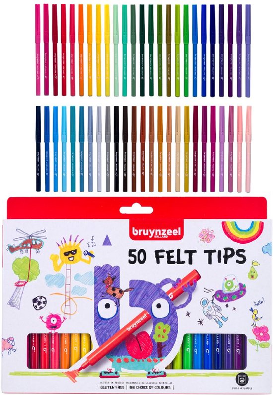 Doos met 50 Bruynzeel viltstiften, met tekening van een paars monster en andere figuren.