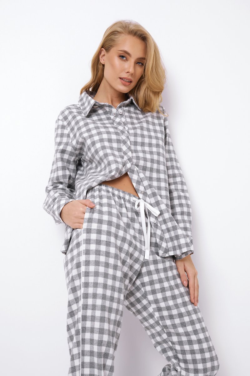 Aruelle Dames Pyjama Stacy-Grijs/Wit Geruit-100% Katoen-Overhemd Top & Rechte Broek-Witte Bies Details