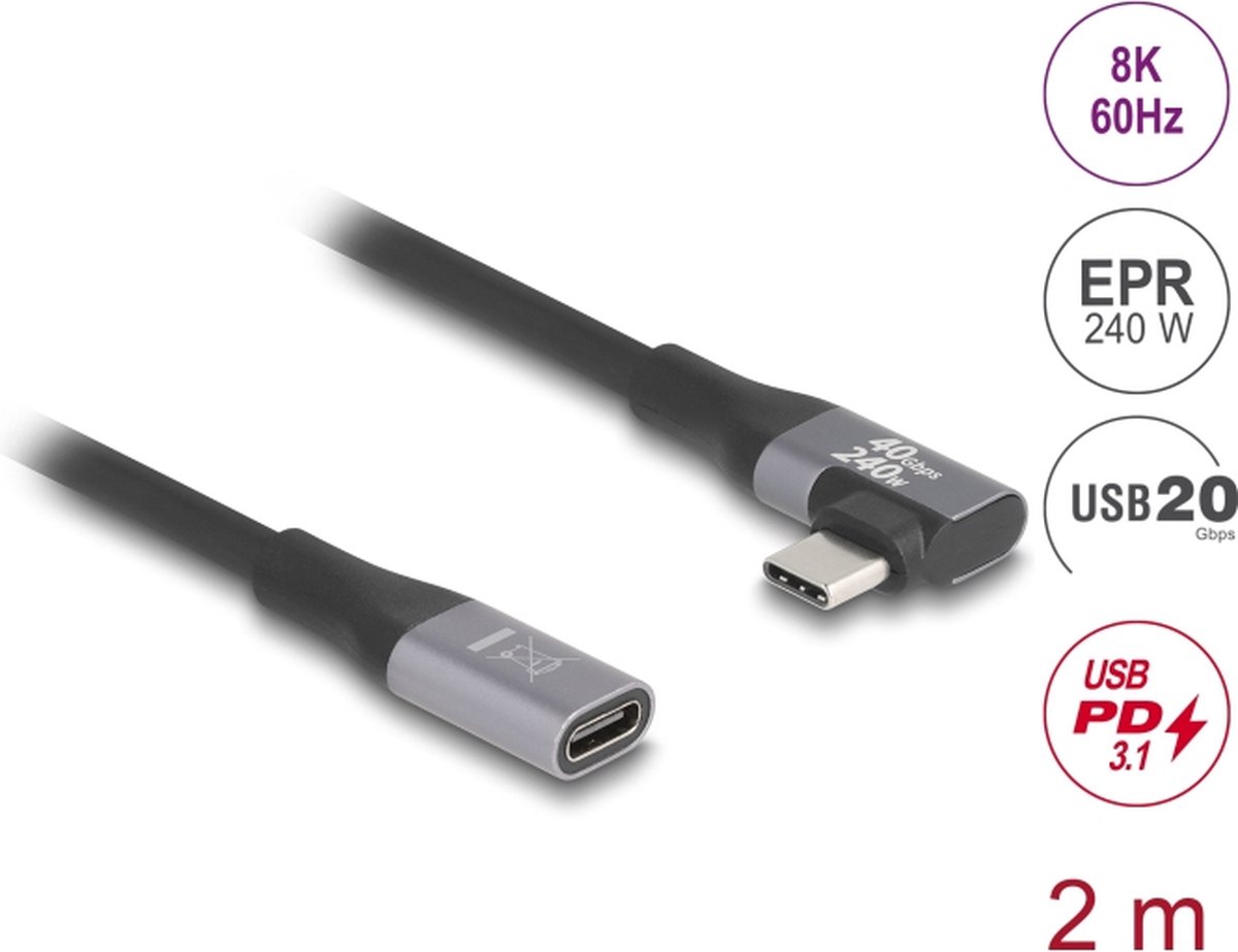 Image of Delock USB-C verlengkabel | haaks/recht | USB4 20 Gbps | PD 240W | 4K 60Hz | 2 meter
