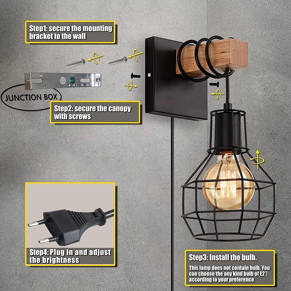 Luxvista LED retro/vintage wandlamp industriële lamp E27 fitting draaibaar met EU stekker schakelaar moderne antieke… - Industriele lampen