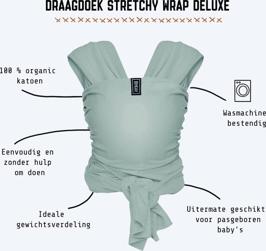 ByKay Stretchy Deluxe - rekbare draagdoek newborn - ergonomisch - tot 18kg - 100% biologisch katoen - Minty Grey - maat M