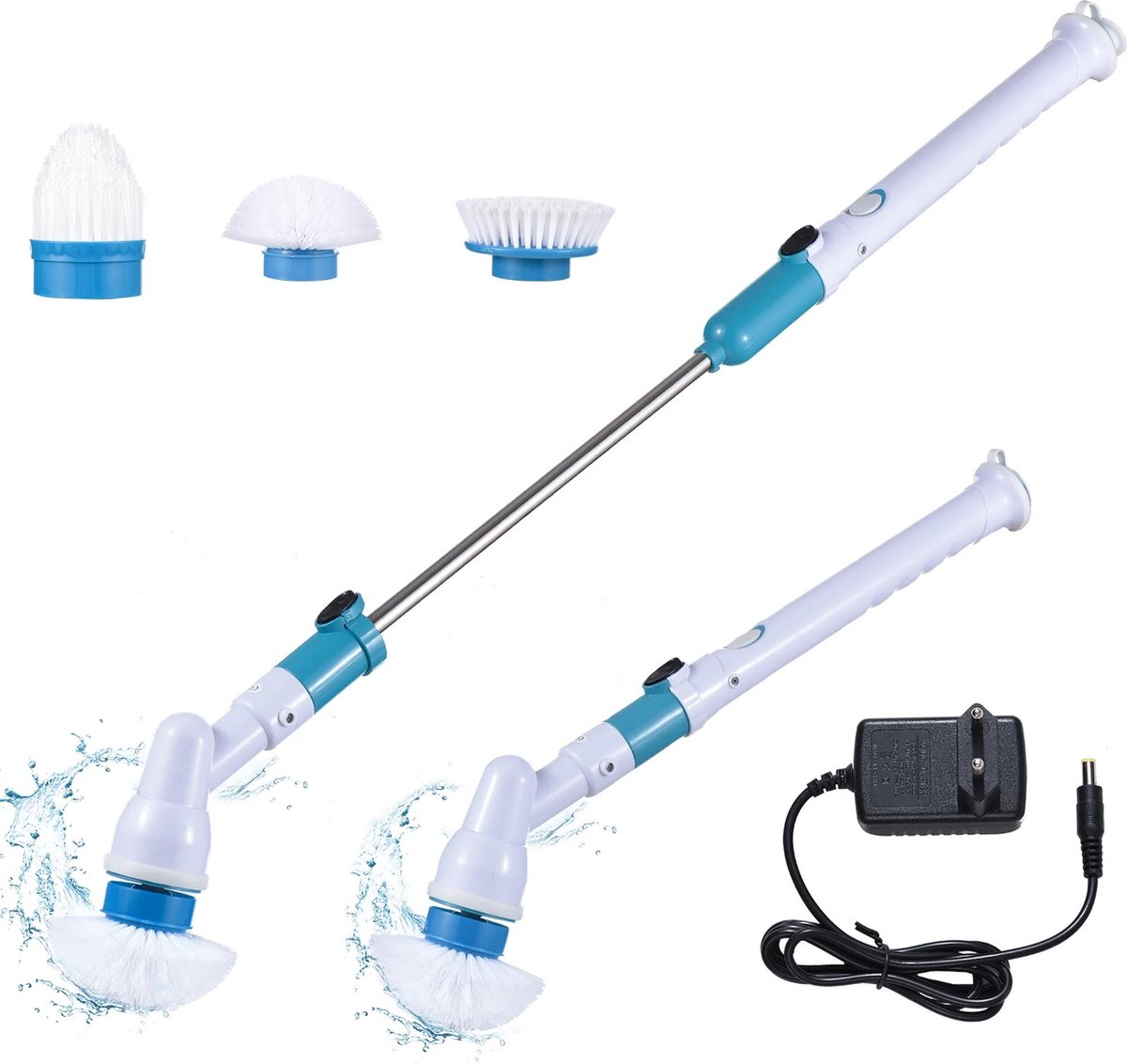Goedkoopste Elektrische Schoonmaakborstel - Spin Scrubber - 3 Opzetborstels - Draadloos - Verstelbare Handgreep - Badkamer - Keuken - WC - Vloer - Wit / Blauw