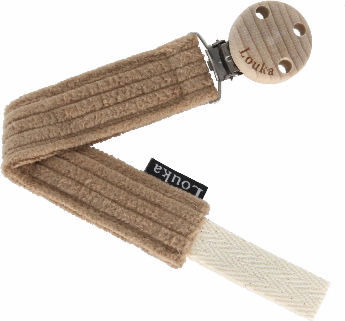 Goedkoopste Louka Speenkoord brede rib camel de luxe - houten clip - bruin - speenketting