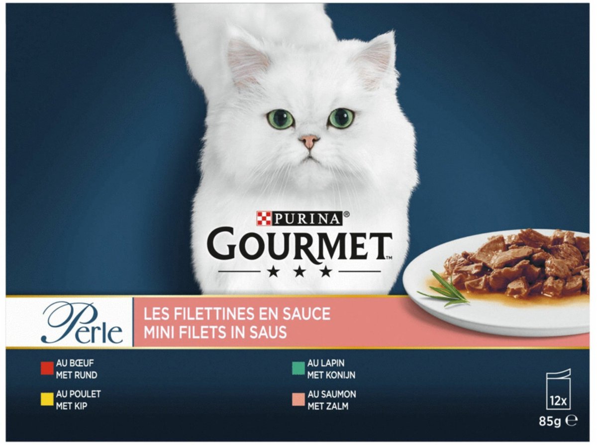 Gourmet Perle Mini Filets in saus met rund, kip, konijn, zalm natvoer kat (12x85 g) 48 x 85 g