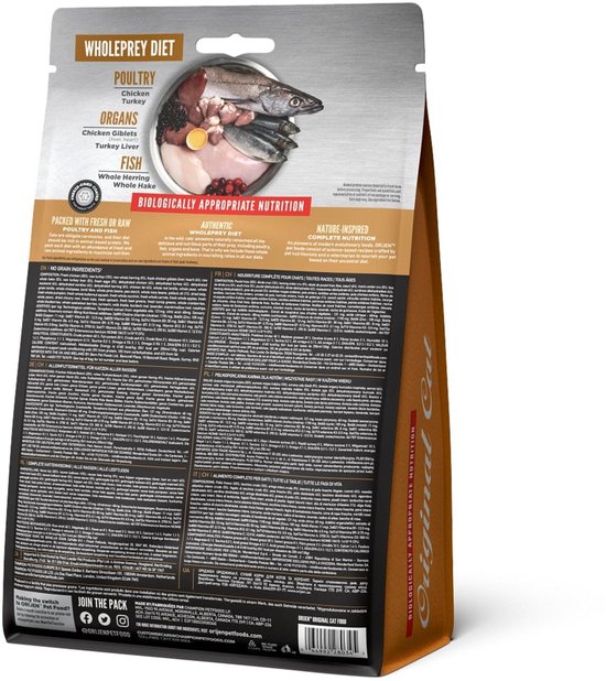 Zijkant van een zak Orijen Whole Prey kattenvoer met een afbeelding van vis, kip en orgaanvlees.