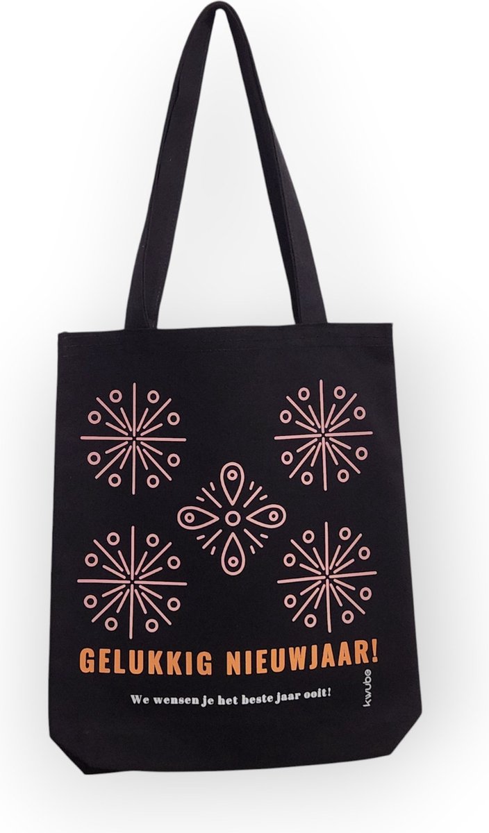 Zwarte Katoen Draagtas Met "GELUKKIG NIEUWJAAR" Print | 35x40 | Katoenen Schoudertas | Boodschappentas | Shopper | Linnen Tas | Dames Draagtas | Black Cotton Tote Bag | Cadeau Voor Haar - Shopper
