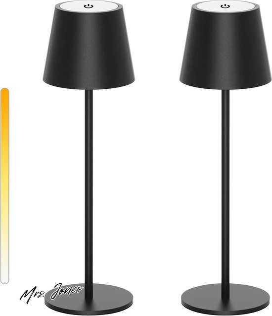 Mrs. Jones Premium Collection Draadloze LED Tafellamp Oplaadbaar - Dimbaar - Touch-Bediening - Binnen/Buiten - Zwart - Set van 2 .