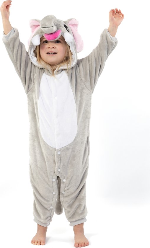 KIMU Onesie Grijze Olifant Pakje - Maat 86-92 - Olifantenpak Kostuum Grijs Pak - Peuter Huispak Jumpsuit Boxpakje Pyjama Jongen Meisje Festival