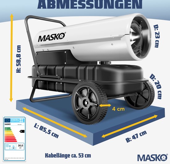 Afmetingen van het witte en zwarte MASKO heteluchtkanon op wielen, met energielabel.